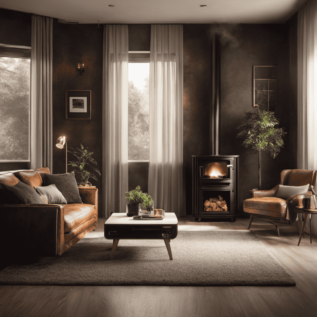 An image that showcases a cozy living room in a smoker's house, with visible smoke residue on walls, stained curtains, and a hazy atmosphere