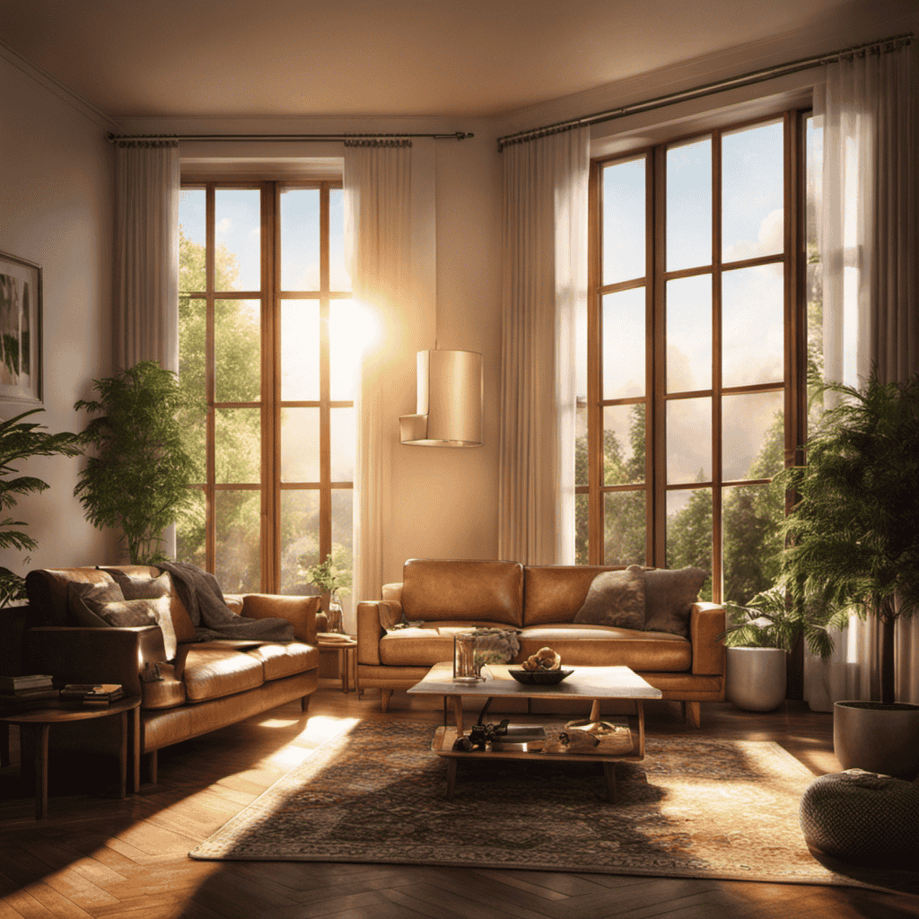 An image depicting a cozy living room with sunlight streaming through the window, showing an air purifier quietly operating in the background while the owner is away, emphasizing a sense of cleanliness and peace