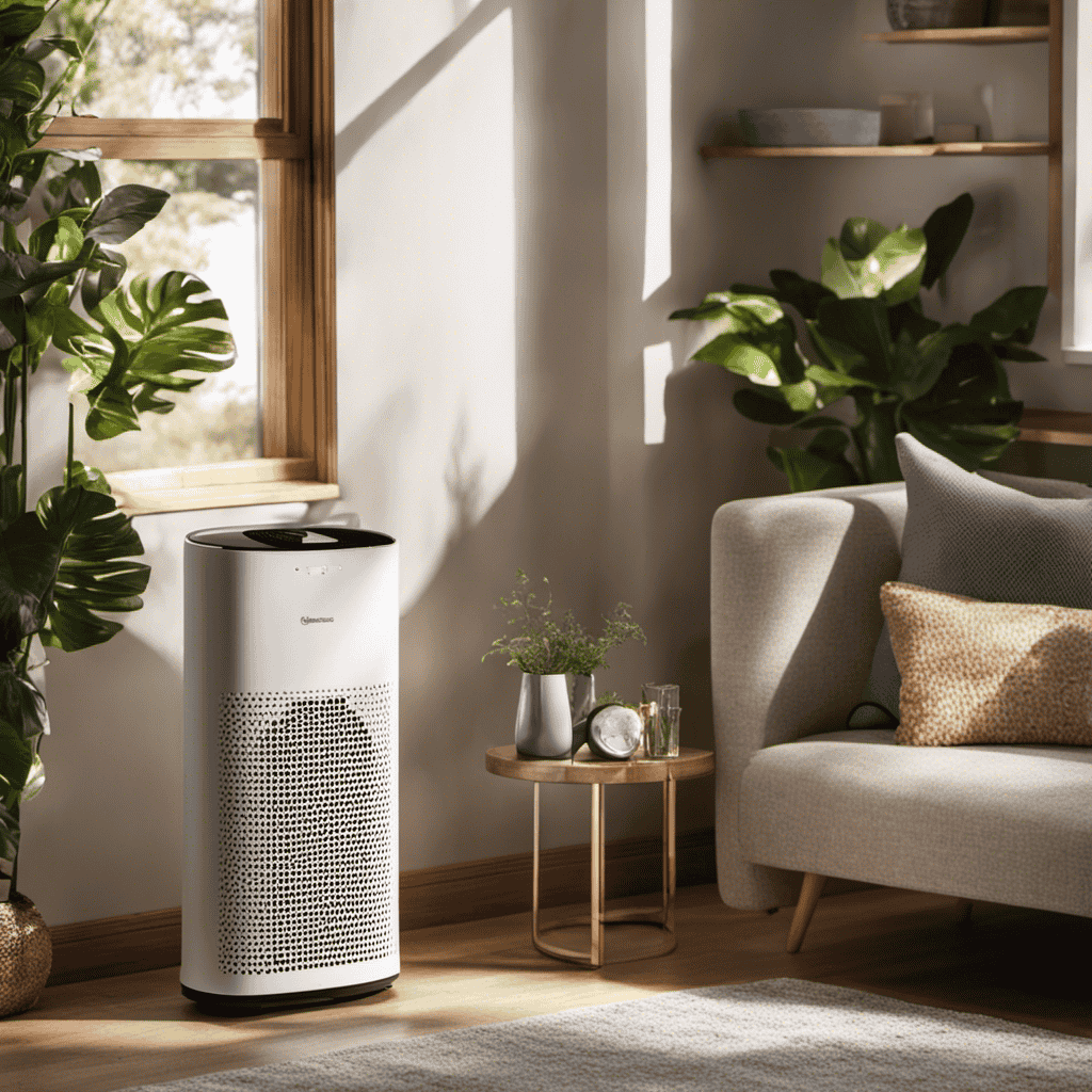 An image showing a cozy living room with an air purifier placed on a side table