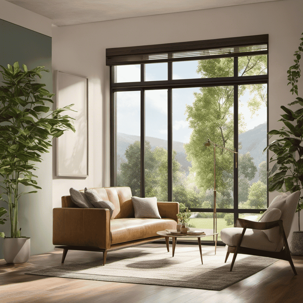 An image featuring a cozy, sunlit room with open windows showcasing a gentle breeze carrying pollen, dust, and pollutants