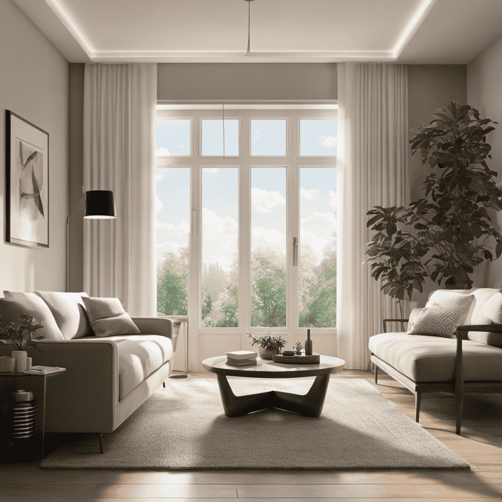 An image that shows a cozy living room with an air purifier placed on a side table