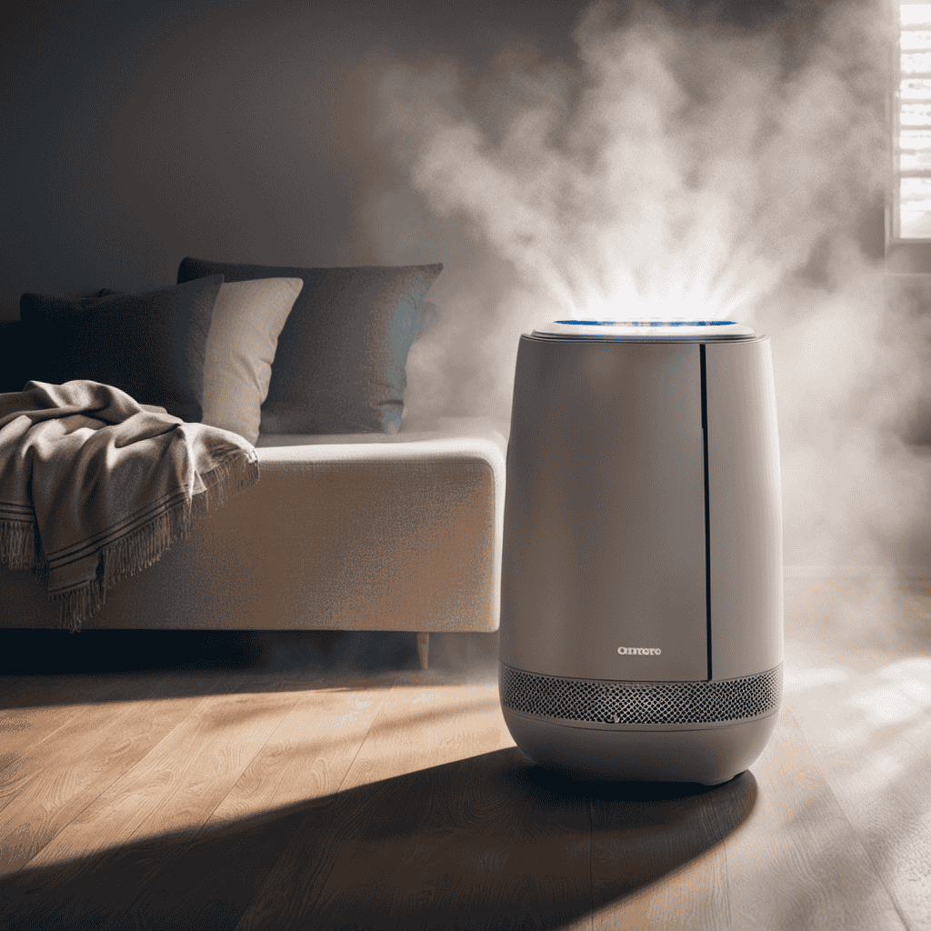 -up image showcasing a person in a well-lit room, sitting comfortably while an air purifier hums silently nearby