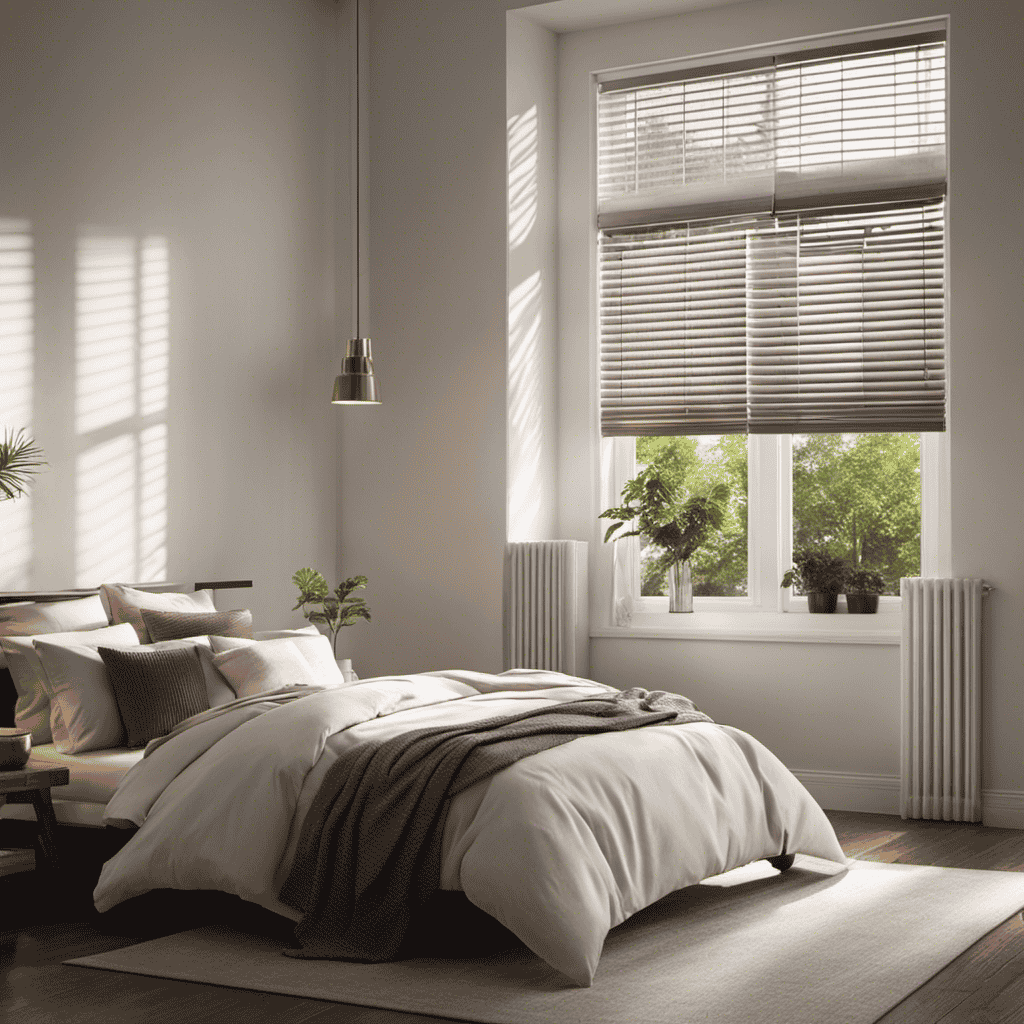 An image of a serene bedroom with an air purifier placed near a closed window