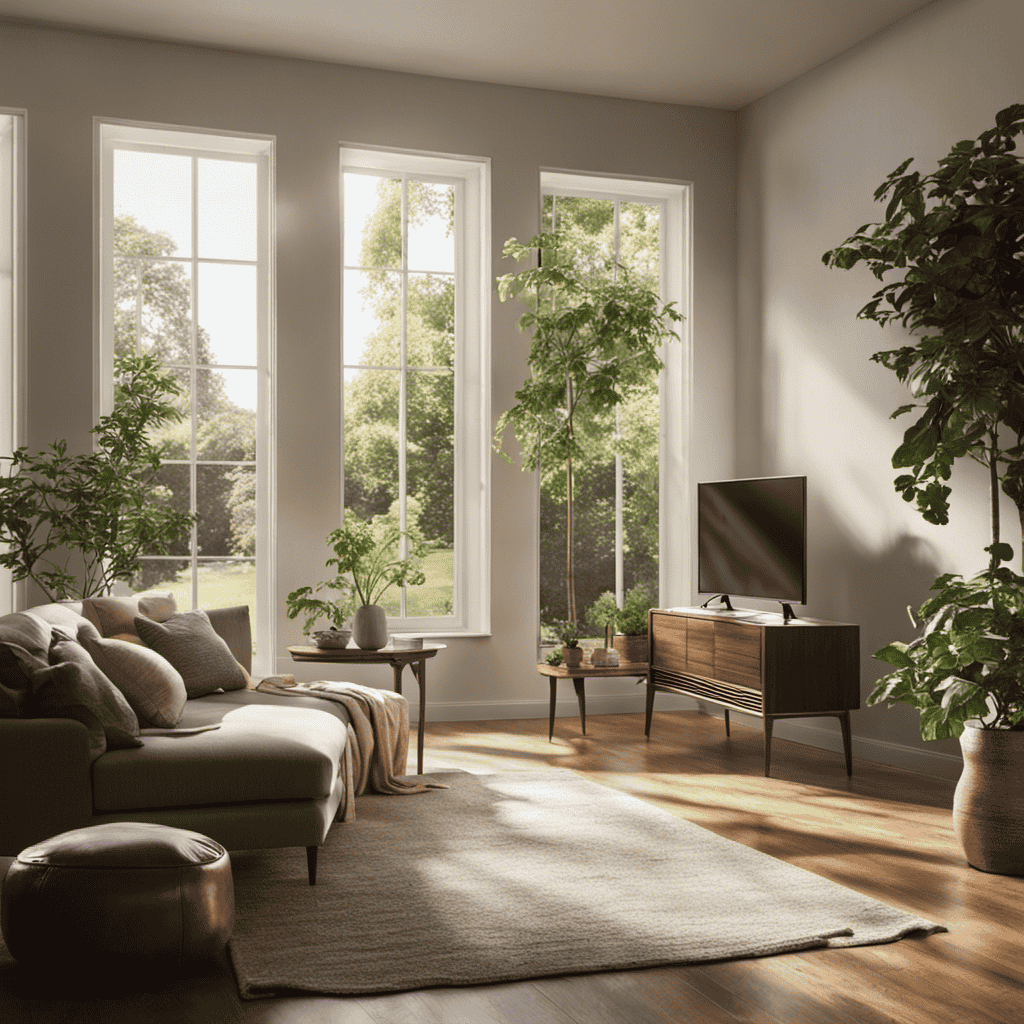 An image that shows a serene living room scene with sunlight streaming through an open window, while an air purifier silently operates nearby, showcasing the contrasting choices one faces when deciding whether to close or open a window