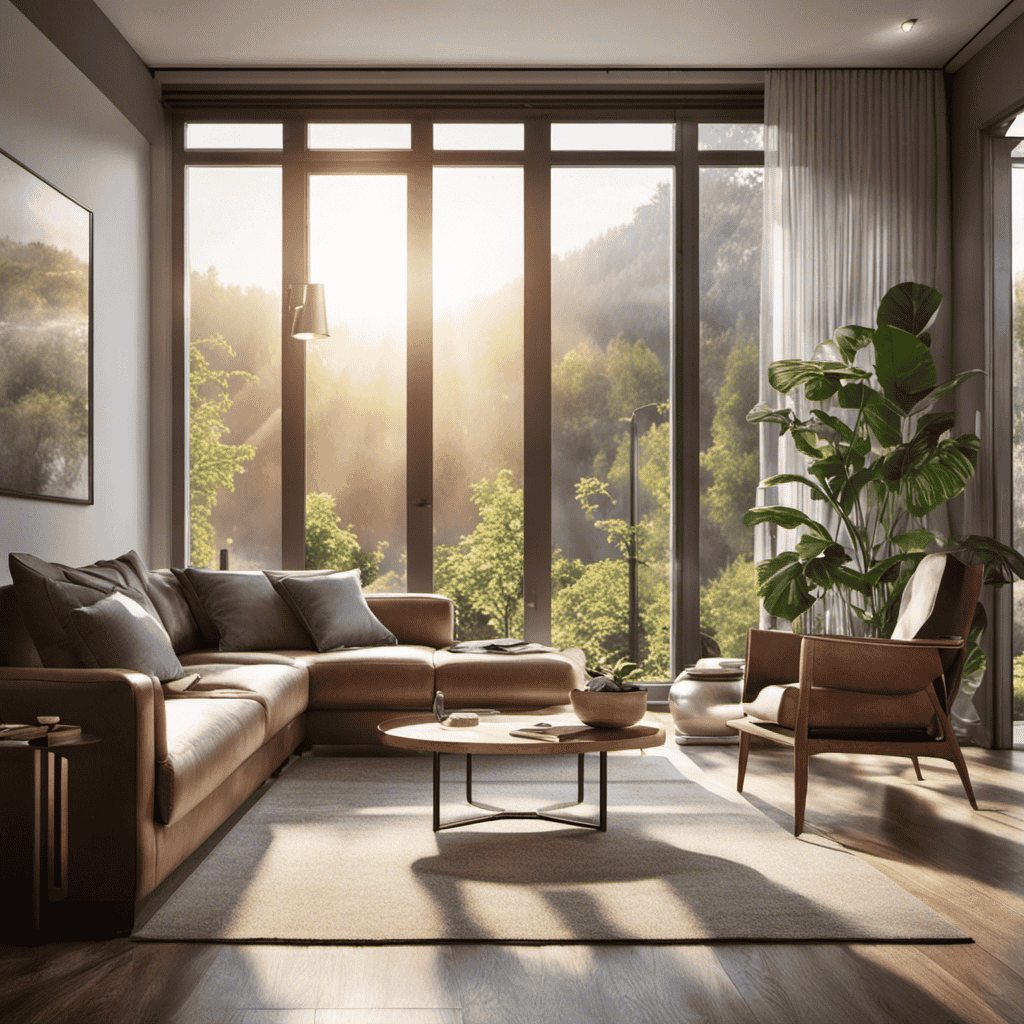 An image depicting a cozy living room with an air purifier placed near an open window