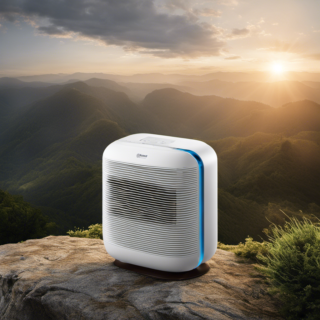An image that showcases a brand-new air purifier placed on a high setting, emitting a powerful stream of fresh air