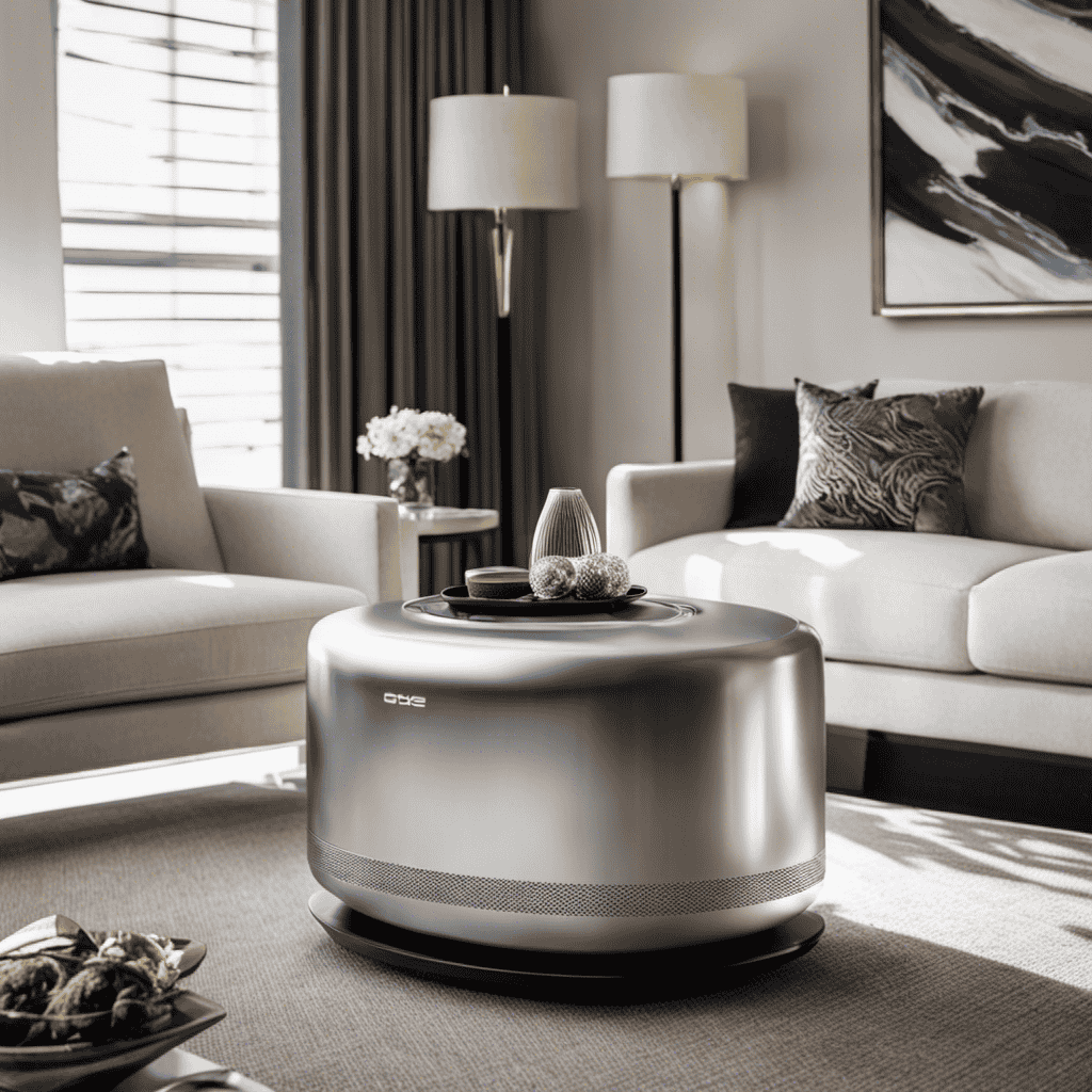 An image showcasing the sleek Silver Onyx Air Purifier, elegantly placed on a modern coffee table near a window in a beautifully lit living room in Richardson, TX