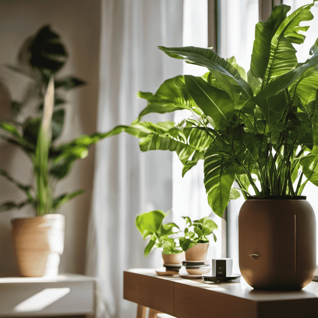 An image with a small room air purifier positioned on a shelf near a window, surrounded by indoor plants