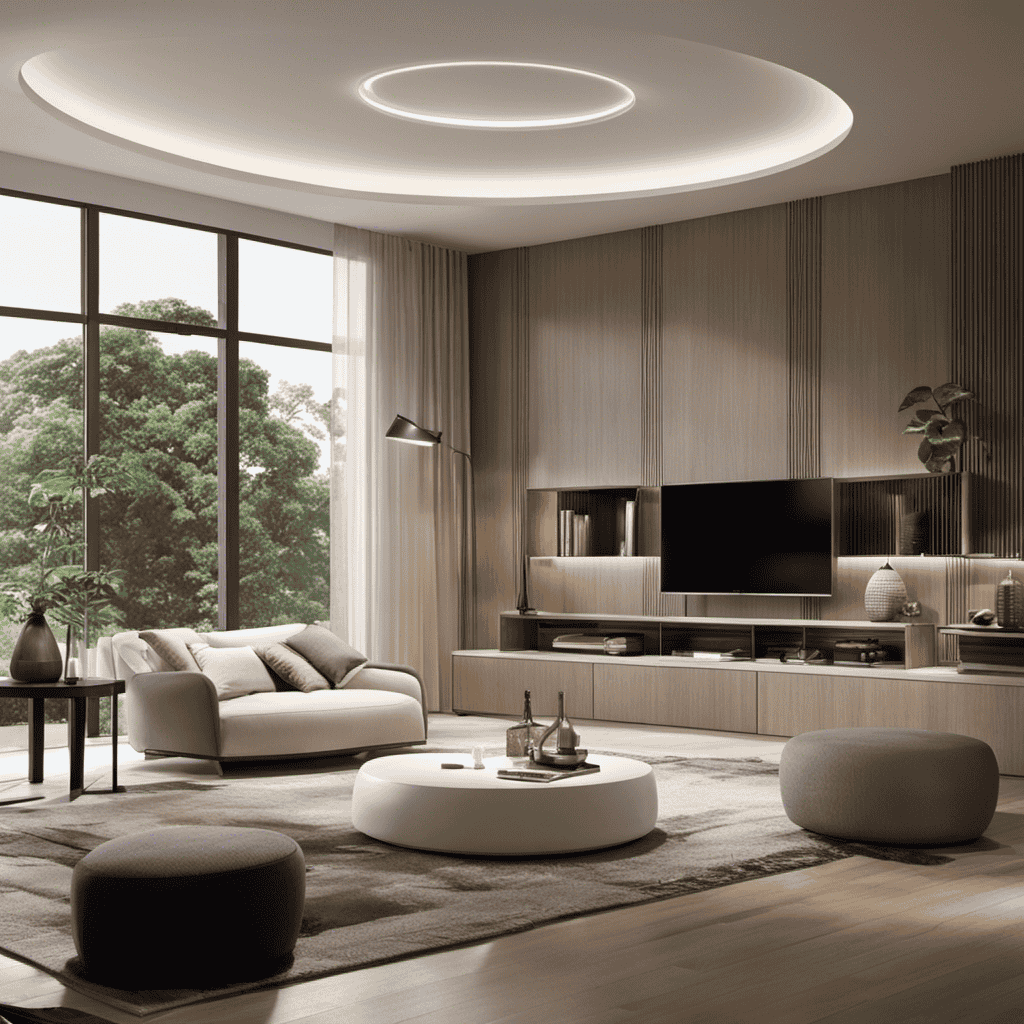 An image showcasing a serene living room with a dehumidifier effectively extracting moisture from the air, while an air purifier diligently removes airborne particles, capturing the essence of purified and moisture-free indoor environment