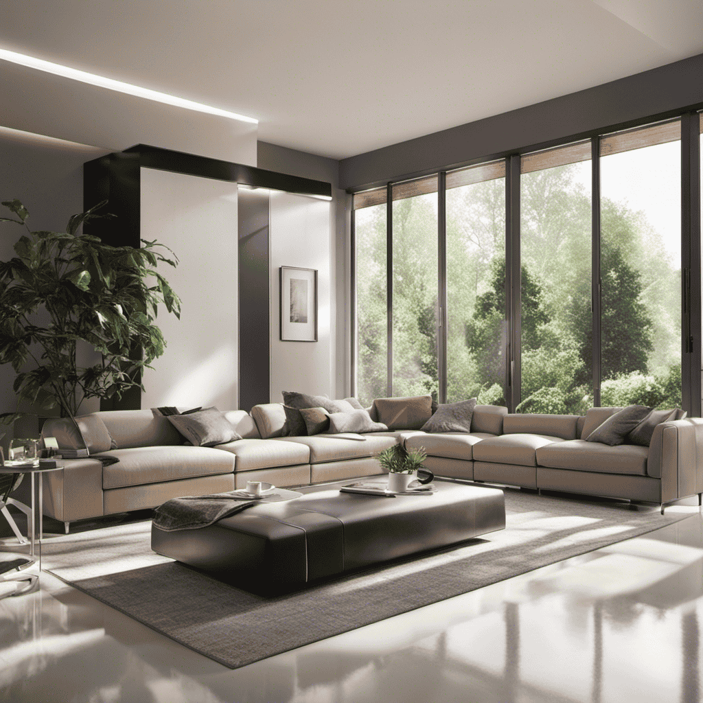 An image showcasing a sleek, modern living room with rays of sunlight streaming in through clean windows