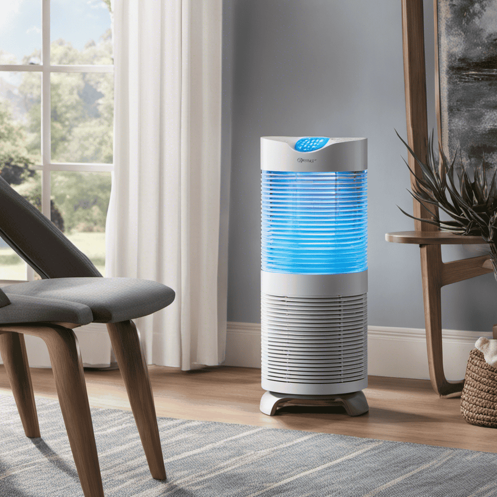 An image showcasing a spacious room with the Therapure Air Purifier placed near a window, emitting a gentle blue glow