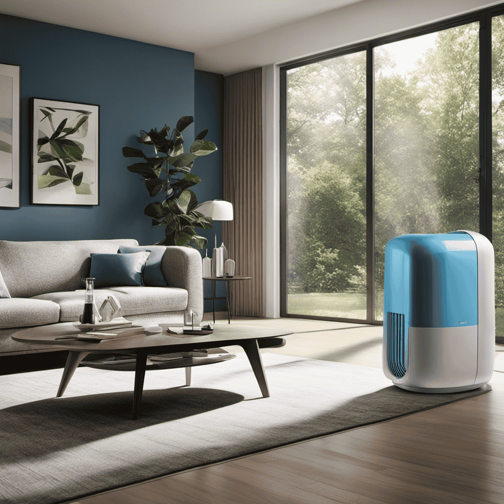 An image that showcases a modern living room with sunlight streaming in, revealing an air purifier quietly tucked in the corner