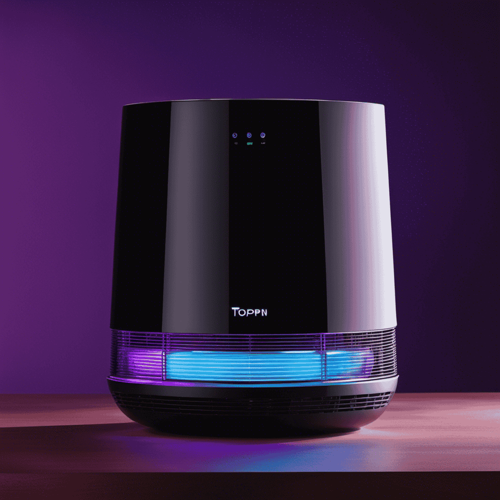 An image showcasing the Toppin Air Purifier's UV light feature: A dark room illuminated by a soft, purple UV light emanating from the device, capturing particles suspended in the air, with clean, purified air surrounding it