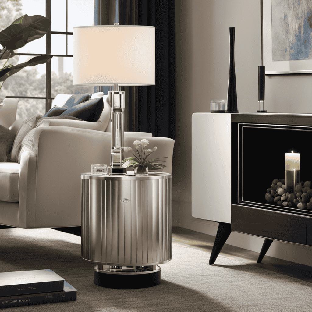 An image showcasing an elegant living room with a sleek, modern ionic air purifier placed on a side table, emitting a subtle blue glow
