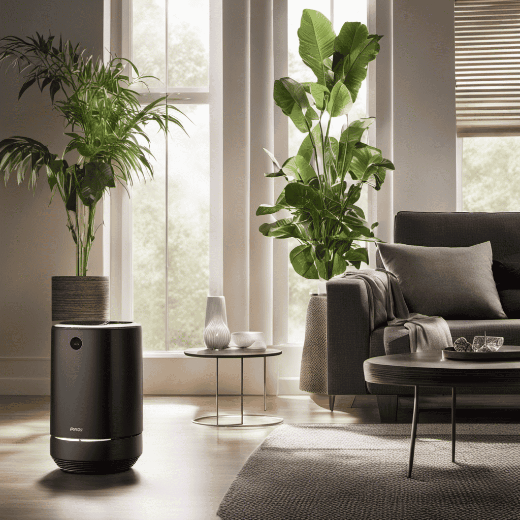 An image showcasing a modern living room with a sleek carbon air purifier positioned on a side table
