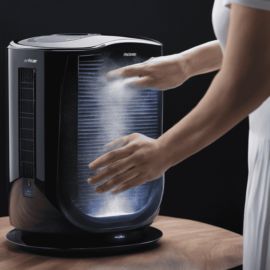 An image showcasing a pair of hands gently removing the filter from the UV Care Air Purifier, surrounded by a cloud of dust particles