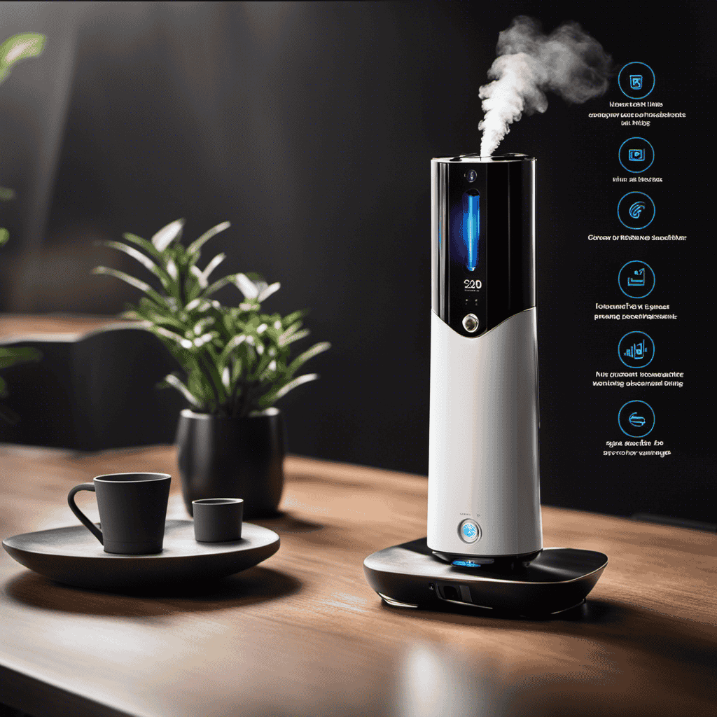 An image showcasing a sleek, modern vape air purifier in action, with a stream of smoke entering the device, getting filtered and purified as it passes through advanced technology, and finally emerging as clean, fresh air