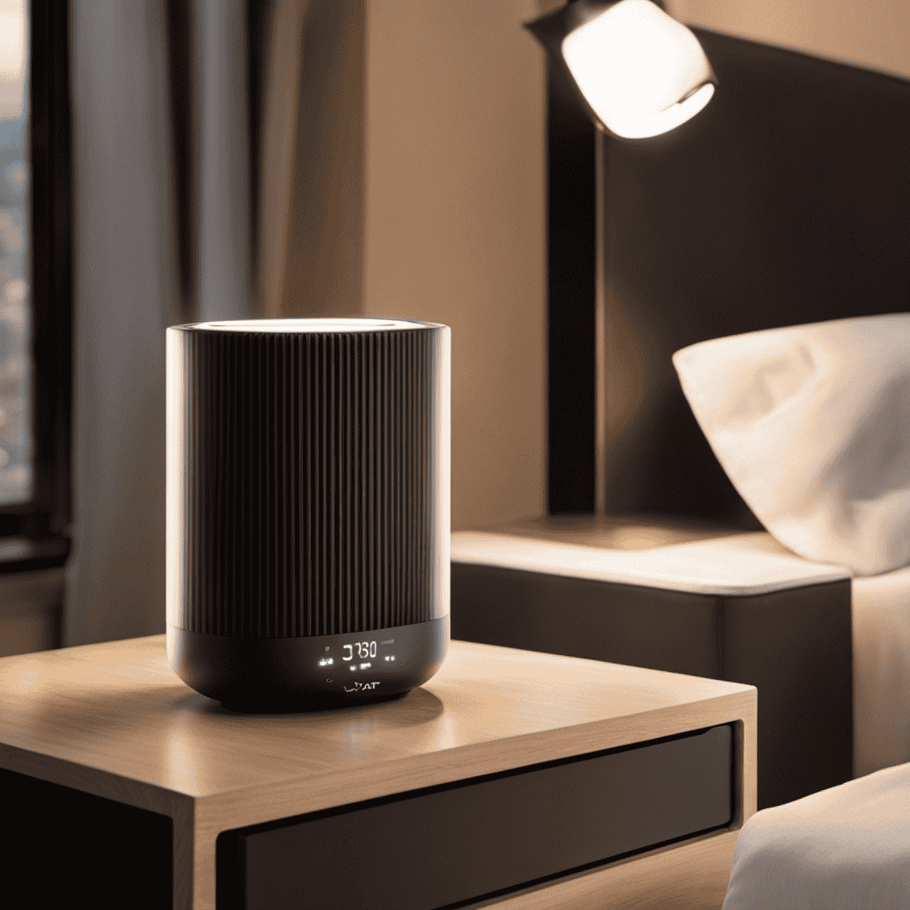 An image showcasing the sleek and compact Vtar Portable Air Purifier placed on a nightstand