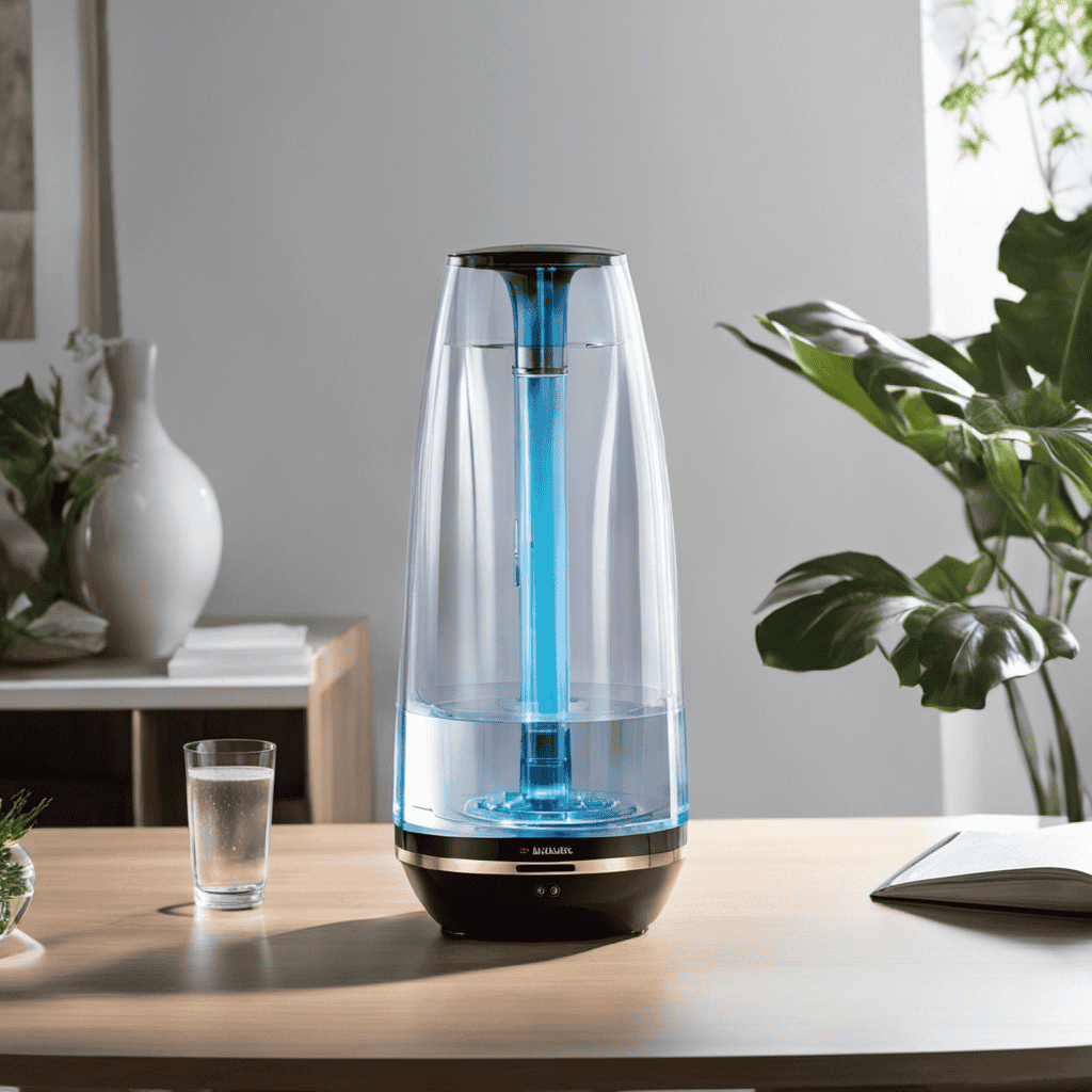 An image depicting a transparent, sleek water air purifier with a funnel-shaped top, where polluted air is drawn in, purified through a water filtration system, and released as clean, refreshing air