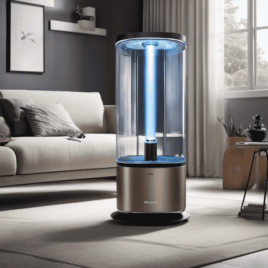 An image that vividly depicts a water-based air purifier in action: a sleek device with a transparent water tank, surrounded by a cloud of mist, capturing and trapping airborne pollutants