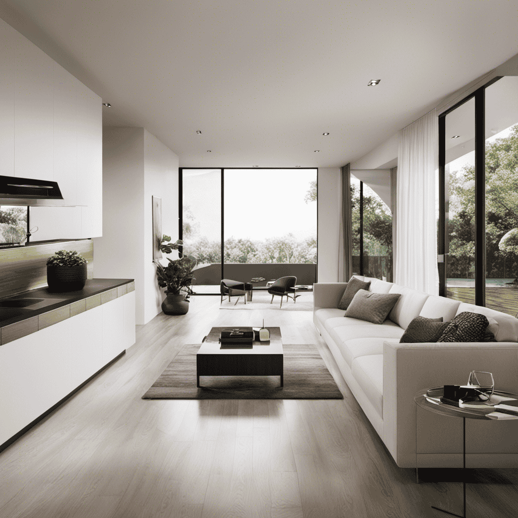 An image showcasing a modern, minimalist home interior, featuring a sleek water softener and air purifier system seamlessly integrated into the design