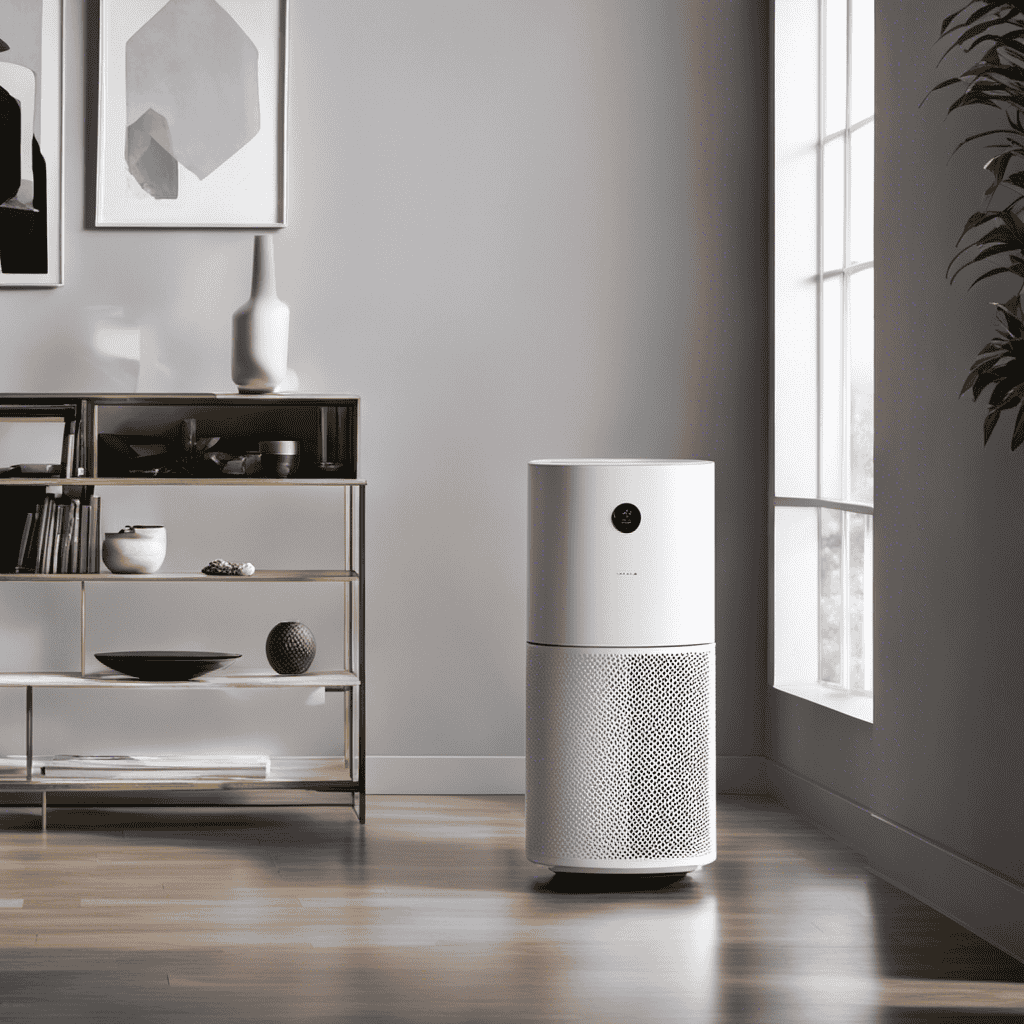An image showcasing a sleek, modern air purifier emitting clean, purified air effortlessly