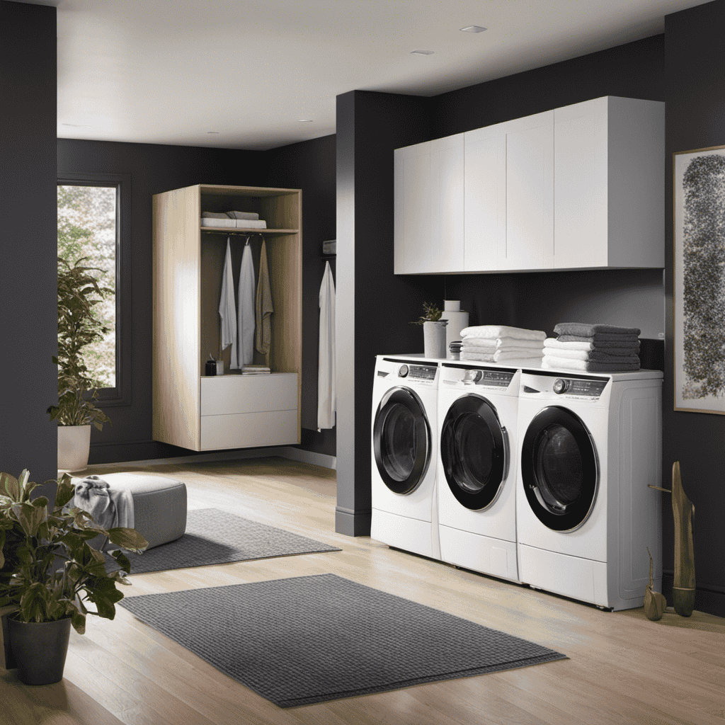 An image showcasing a spacious laundry room with a sleek, wall-mounted air purifier