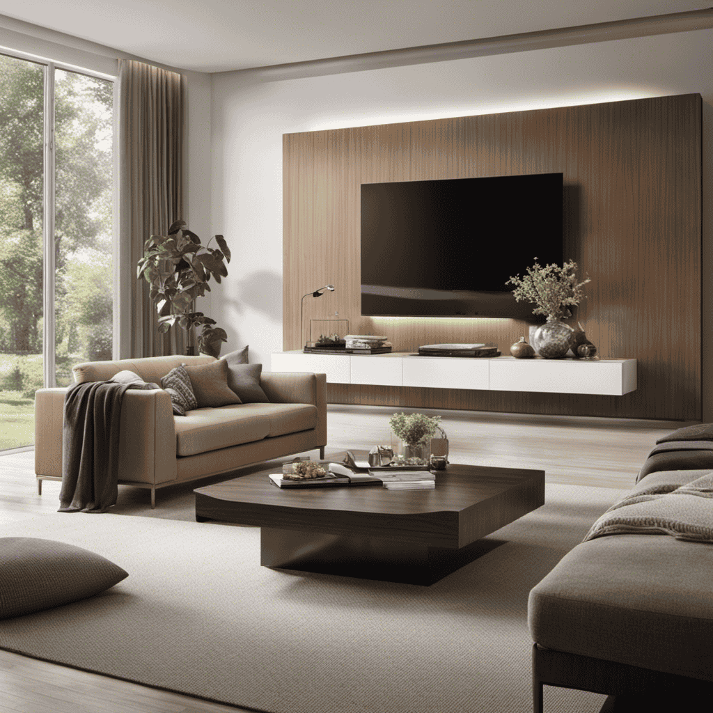 An image that showcases an elegant living room with a seemingly clean atmosphere, while subtle dust particles and allergens float in the air, exposing the hidden truth behind air purifiers