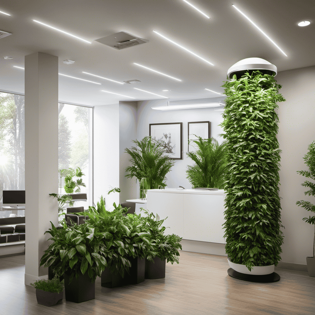 An image that showcases a modern, sleek air purifier placed prominently in a clean, well-lit doctor's office