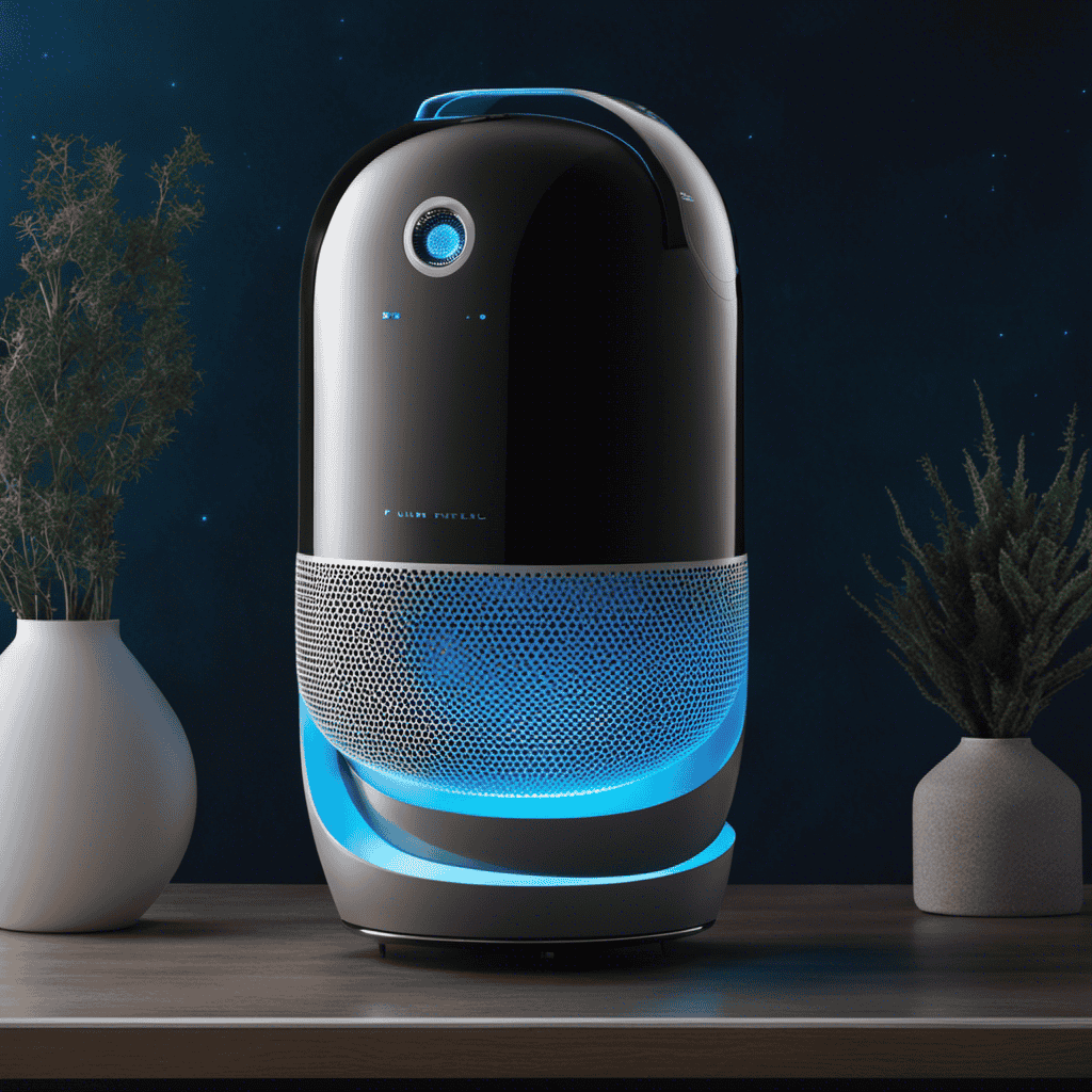 An image featuring a sleek, futuristic air purifier prominently displayed within a space-themed setting