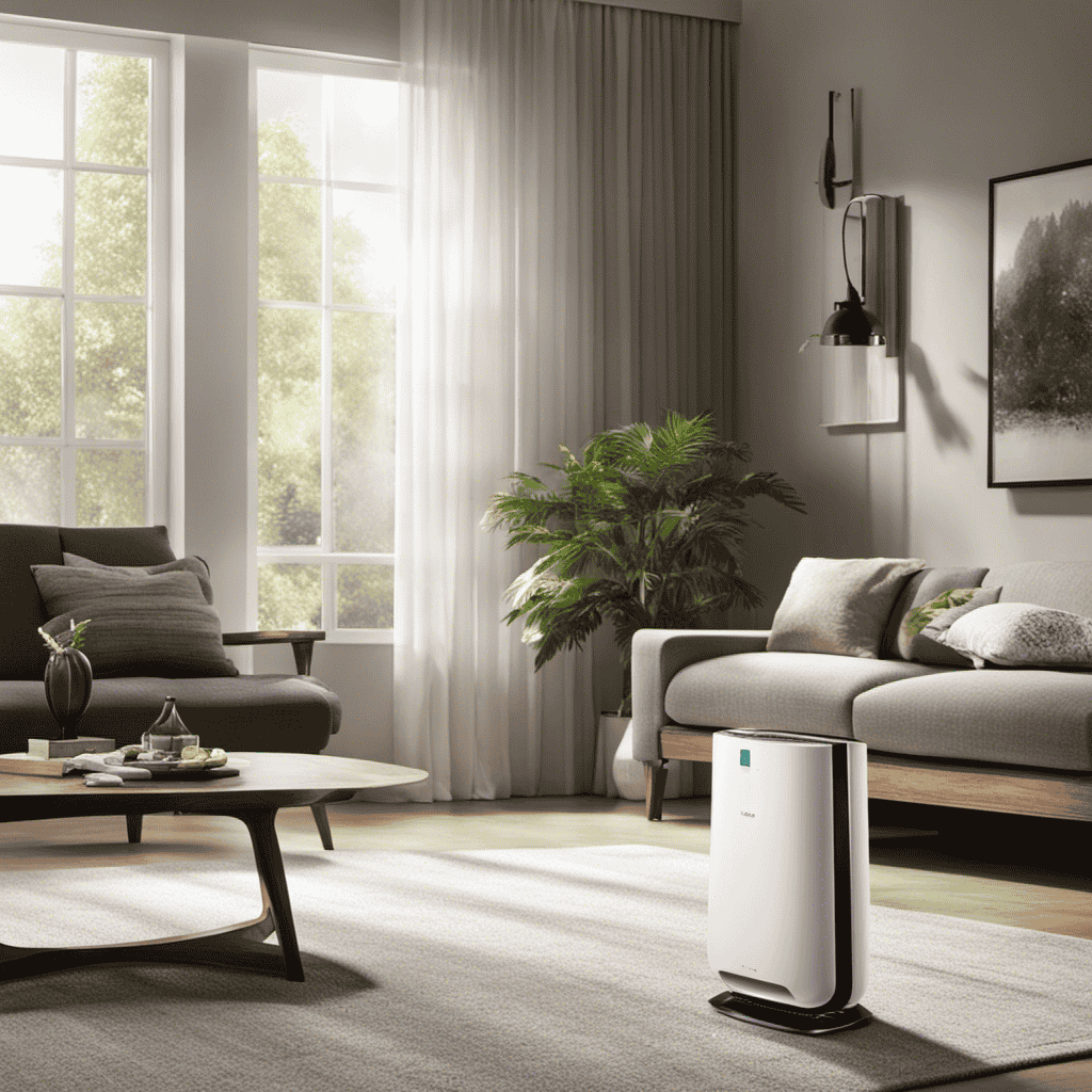 An image capturing the essence of an air purifier's purpose: a serene living room with a beam of sunlight, particles floating in the air, and the purifier effortlessly capturing and eliminating them, leaving the atmosphere pure and invigorating