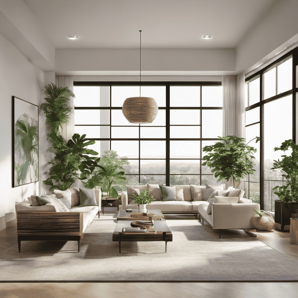 An image showcasing a spacious, sunlit living area with large windows, elegant furniture, and a modern open floor plan