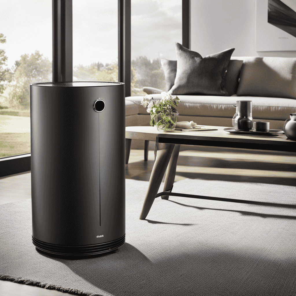 An image showcasing an air purifier designed to eliminate carbon monoxide, portraying its sleek design with a cylindrical shape, charcoal-colored exterior, and a prominent intake grill, symbolizing efficient purification