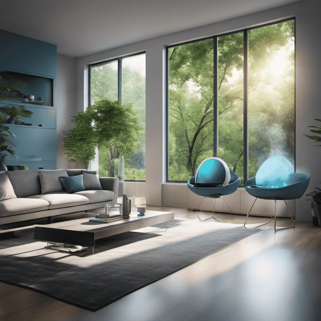 An image showcasing a sleek, modern living room with a large window overlooking lush greenery