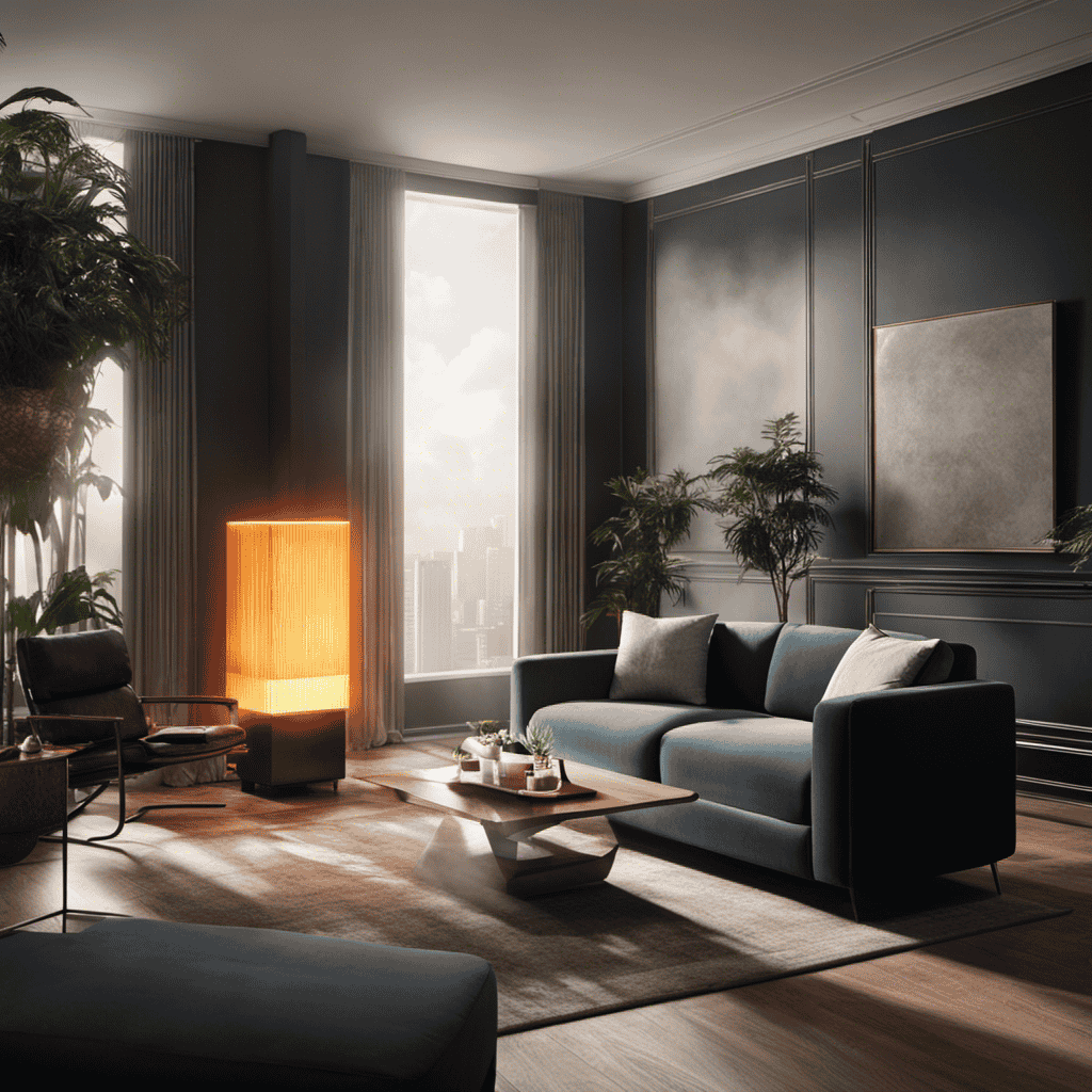 An image showcasing a modern living room engulfed in a haze of cigarette smoke