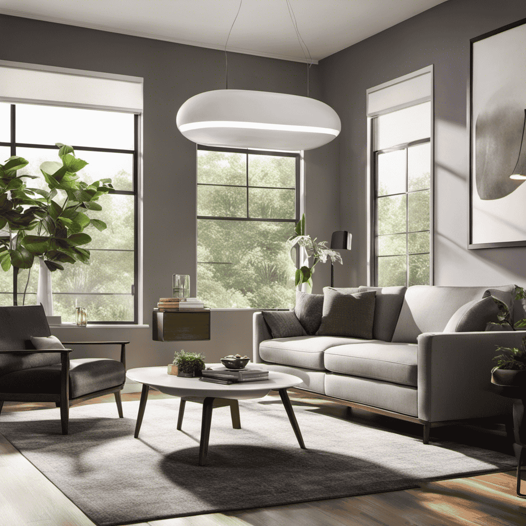 An image showcasing a sleek, modern living room with sunlight streaming through the windows