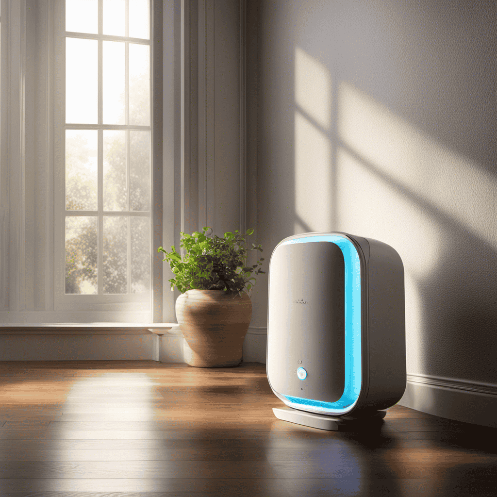 An image showcasing a dimly lit room with sunlight streaming through a window, highlighting a sleek, modern air purifier in the corner