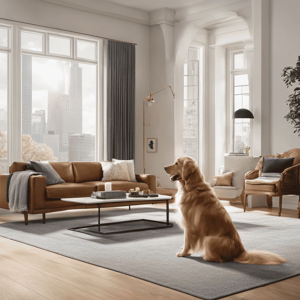 An image of a spacious living room, bathed in natural light, with a fluffy golden retriever playfully shedding hair