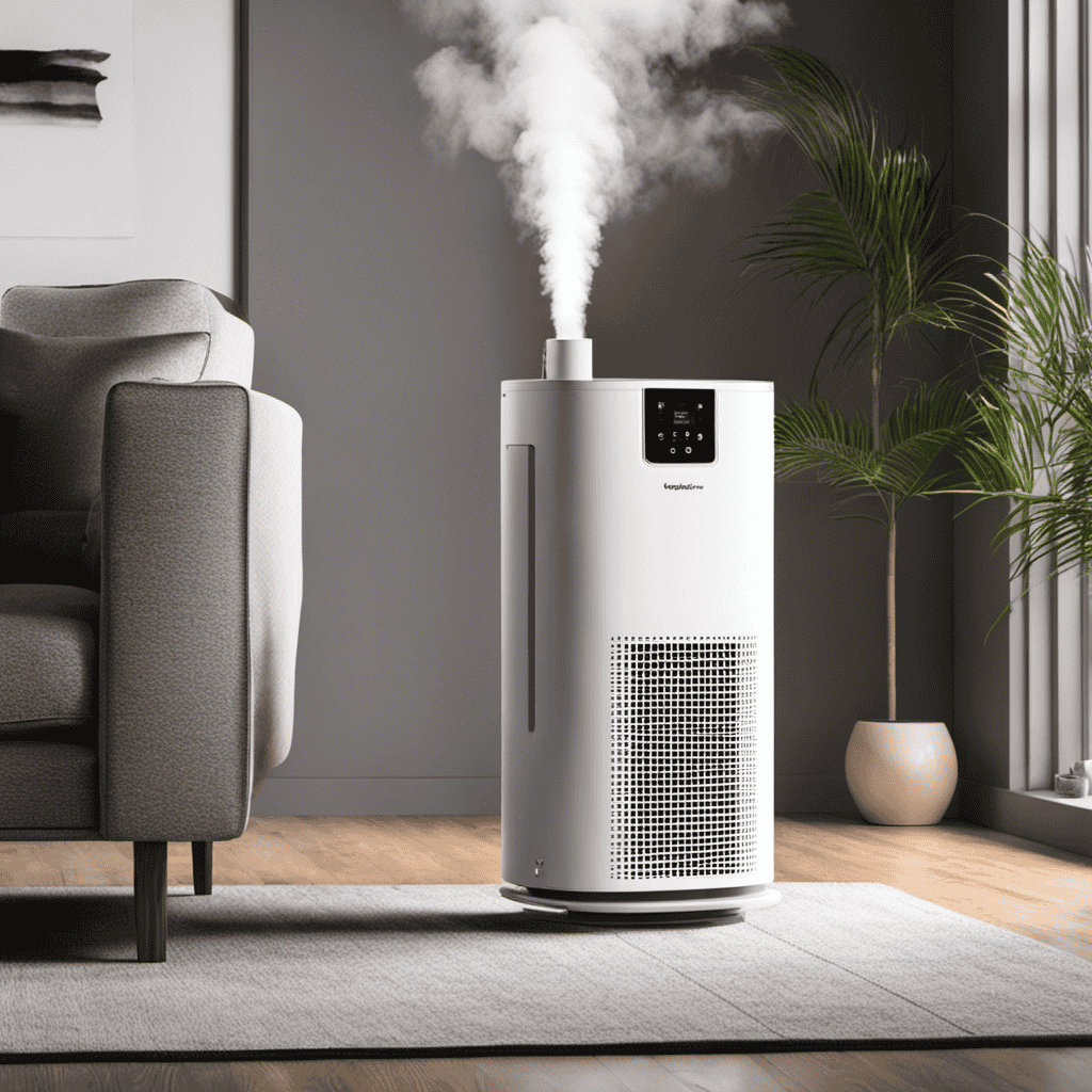 An image showcasing an air purifier in a dimly lit room enveloped by a dense cloud of smoke