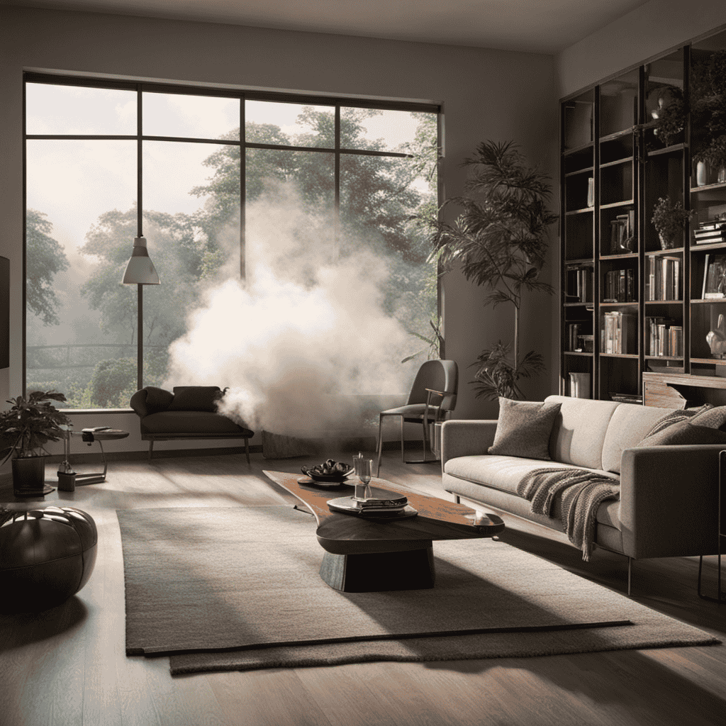 An image showcasing a living room engulfed in thick, hazy smoke, with an air purifier placed prominently, efficiently filtering out the smoke particles