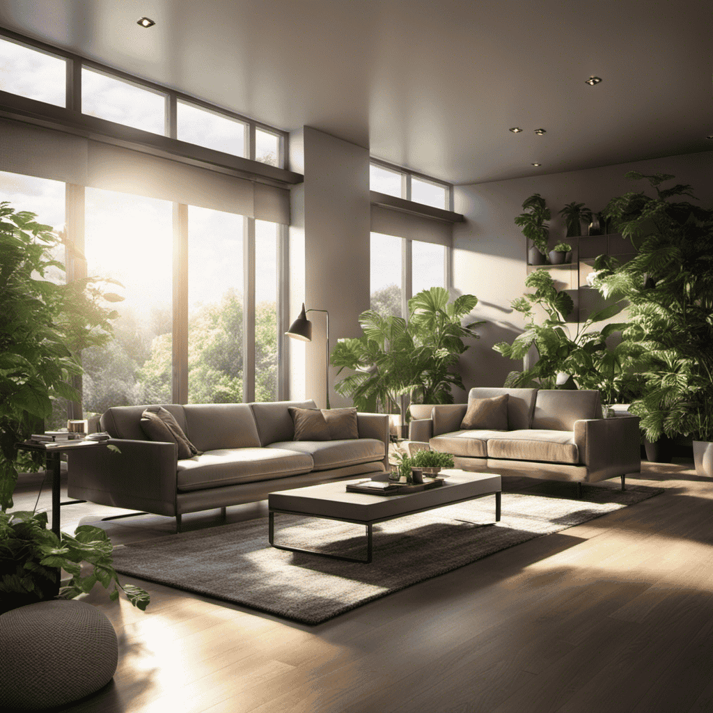 An image capturing a modern living room with rays of sunlight streaming through a large window, showcasing a sleek, state-of-the-art air purifier placed strategically in the room, surrounded by lush green plants