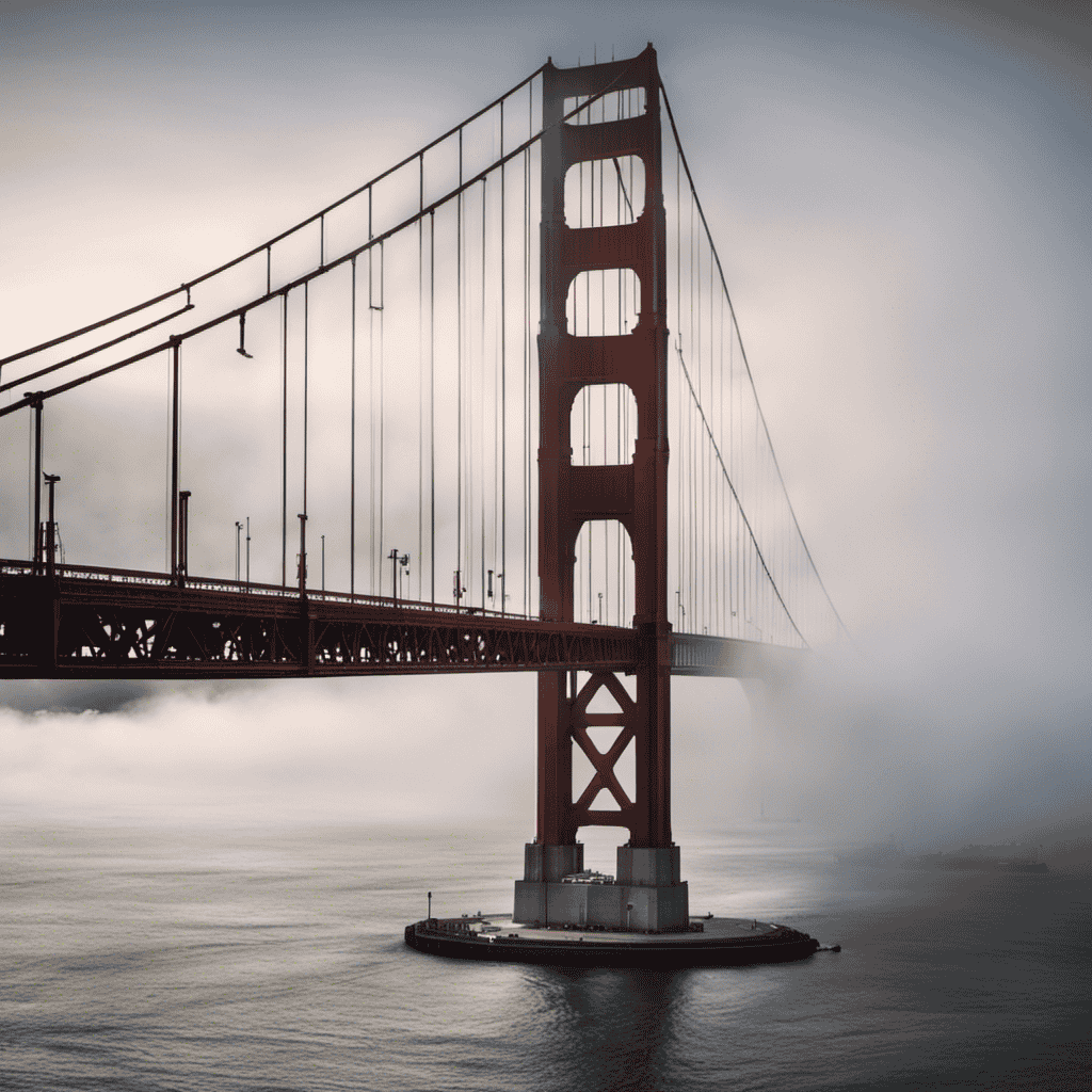 An image showcasing the iconic Golden Gate Bridge, partially obscured by a thick fog rolling in from the Pacific Ocean
