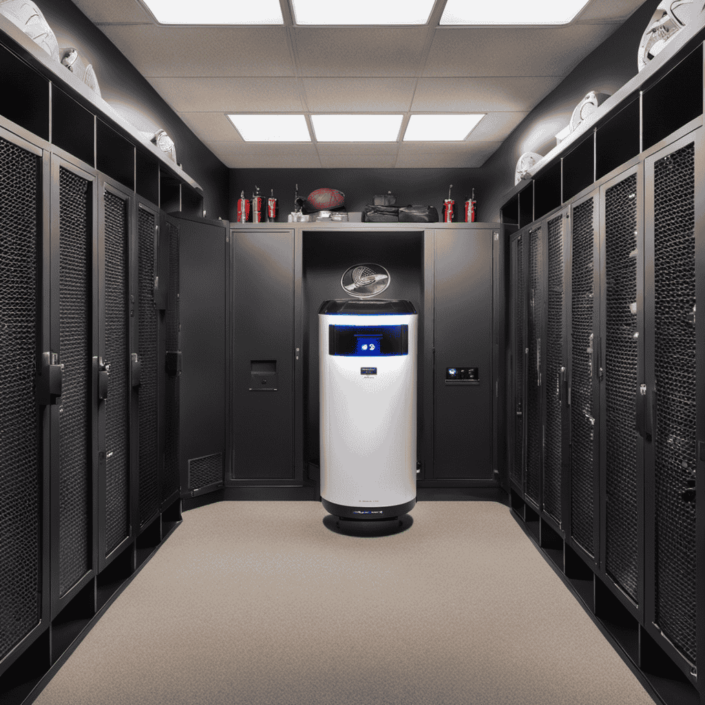 A visually captivating image showcasing a state-of-the-art air purifier in a professional baseball locker room