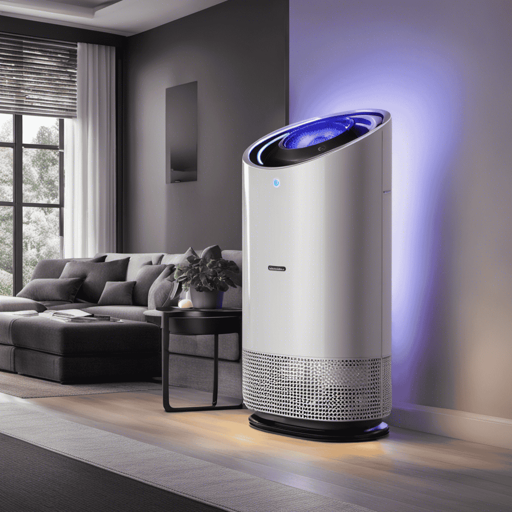 An image that portrays a sleek, modern air purifier emitting ultraviolet (UV) rays to neutralize COVID-19 particles in a room, surrounded by purified air circulating effortlessly