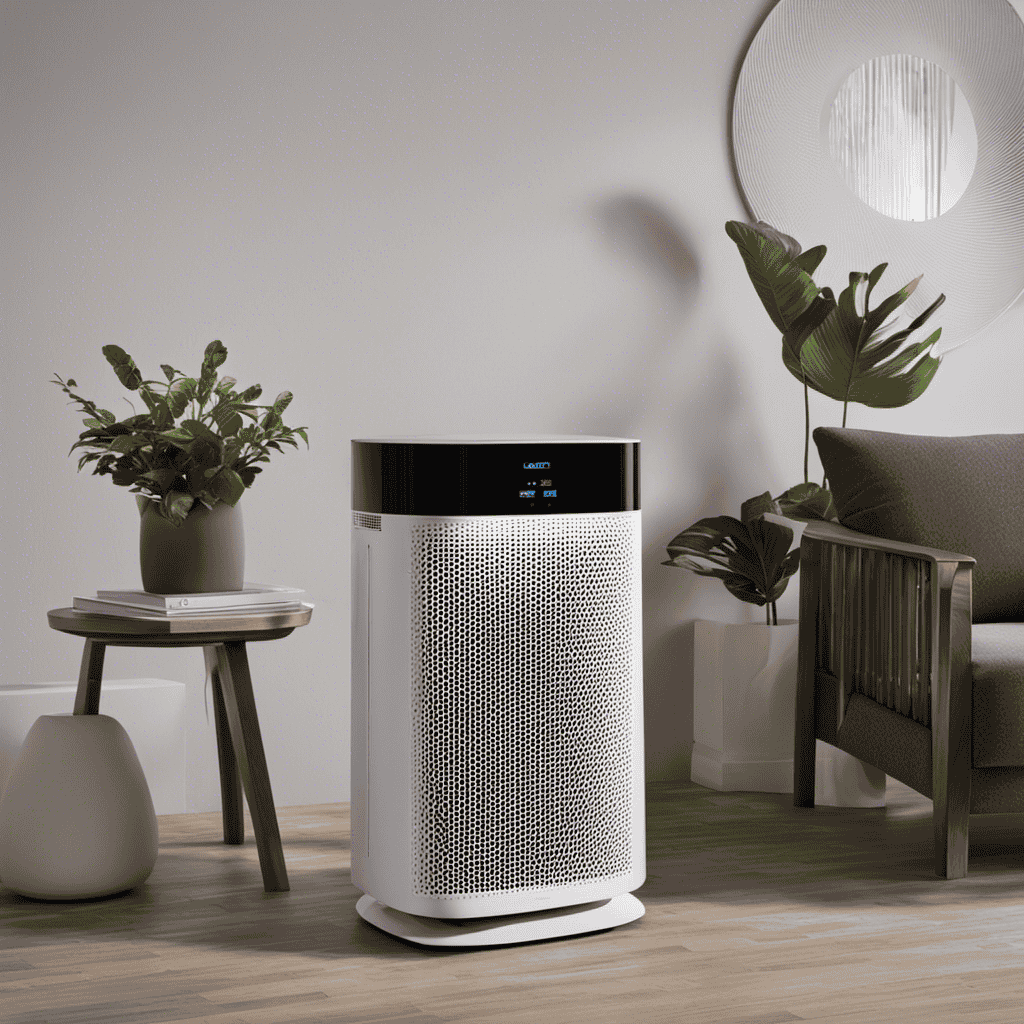 An image showcasing a modern air purifier, equipped with a HEPA filter, UV-C light, and activated carbon technology