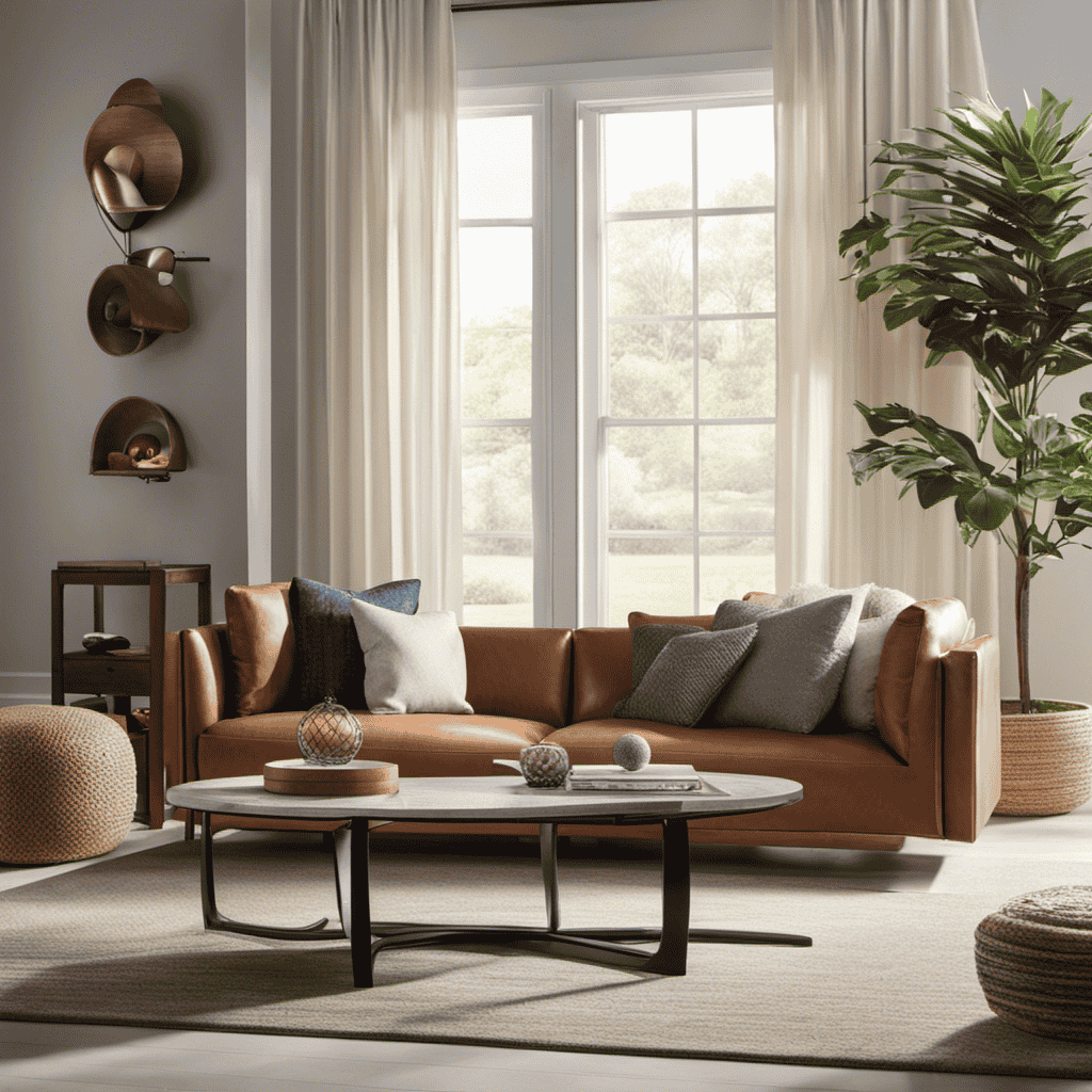 An image showcasing a living room with a cozy couch and a playful dog, while a sleek air purifier sits nearby, effortlessly purifying the air and eliminating pet odors