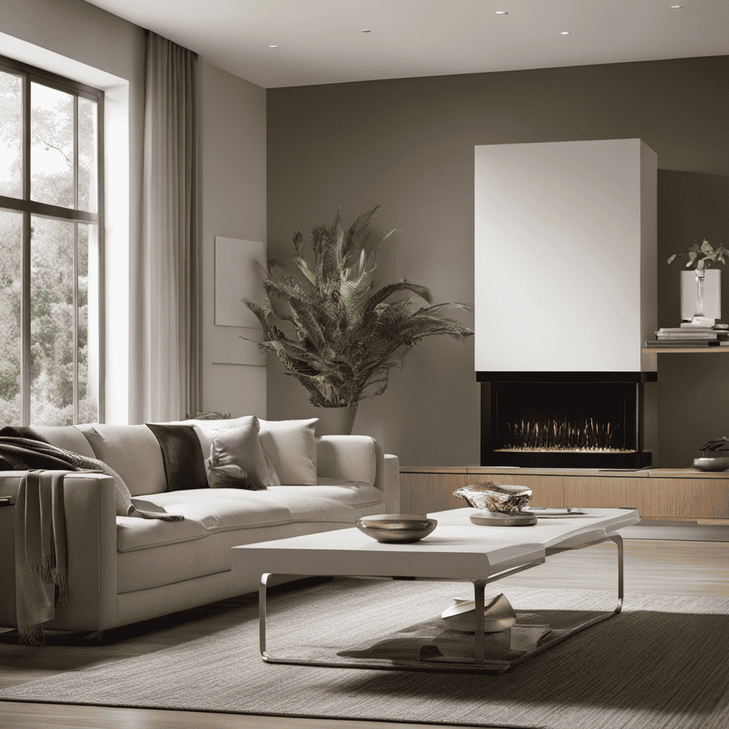 An image showcasing a well-lit living room with a sleek, modern air purifier placed on a side table