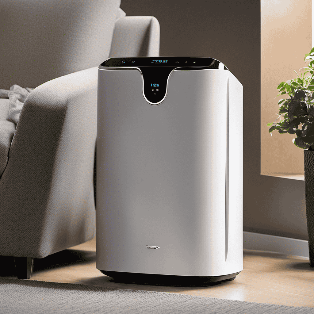 An image of a sleek, modern air purifier standing amidst a cloud of dust particles