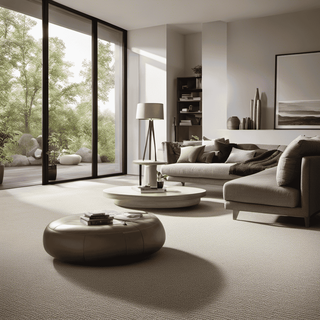 An image of a modern living room with freshly installed carpet, a sleek air purifier placed strategically next to a window
