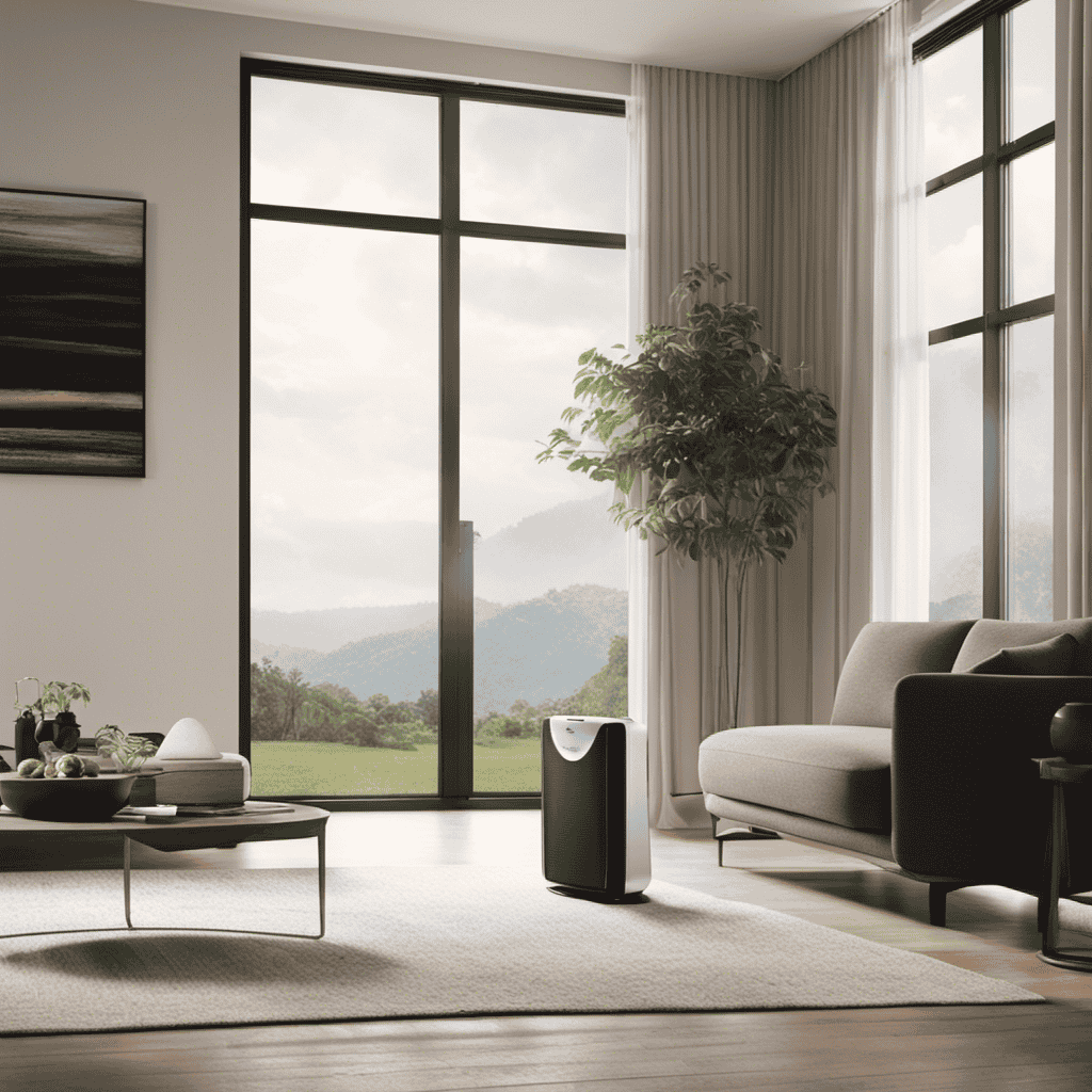 An image of an air purifier placed in a home environment, capturing a serene living room with large windows, showcasing the purifier's sleek design and a subtle depiction of radon gas being effectively eliminated from the air